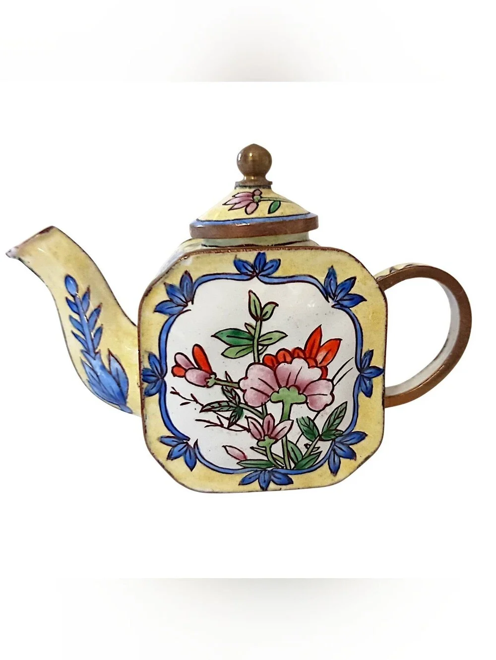 Vtg MINI Enameled Floral Teapot Chinoiserie Cloisonne Bloomcore Cottage Diorama